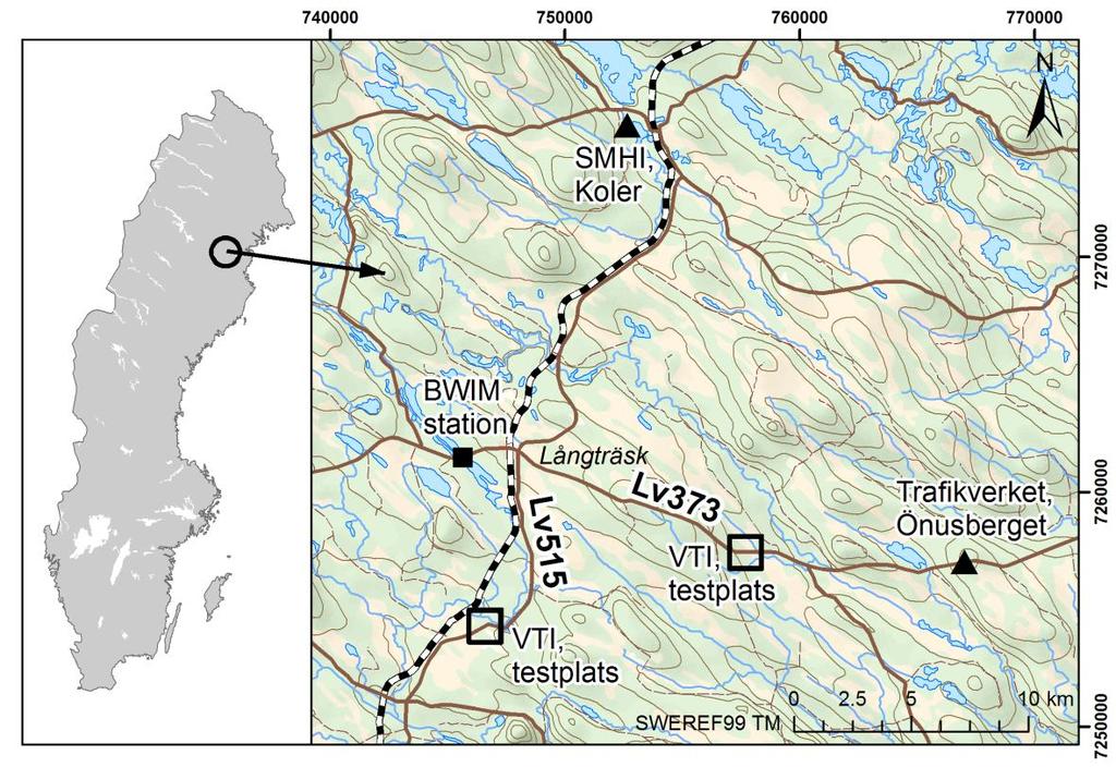 2. Teststräckornas placering De två nya testplatserna ligger på Lv373 (sektion 58 980 m) respektive Lv515 (sektion 1 360 m) i närheten av samhället Långträsk i Piteå kommun (se figur 1).
