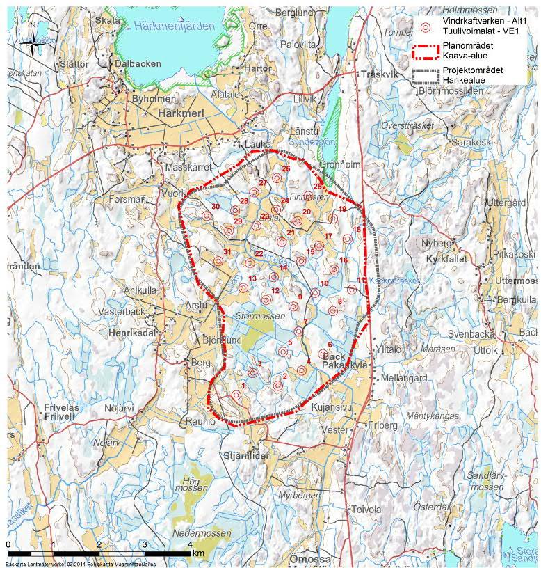 9 / 72 väg 8 sydost om området. Ett ödehus finns inom projektområdet, cirka 350 meter från det närmaste vindkraftverket i ALT1. Bild 1. Projektområdets läge samt projekt- och planområdets gränser.