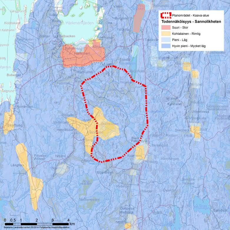 40 / 72 Bild 21: På största delen av planområdet är sannolikheten för sura sulfatjordar mycket liten, men på Stormossen är sannolikheten rimlig. 4.