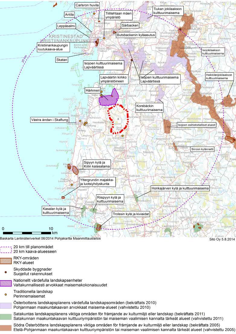 53 / 72 Bild 27. Landskapsområden enligt landskapsplanen och nationellt värdefulla landskapsområden i närheten av planområdet. Förutom landskapsområden har på kartan angetts RKY-områden, dvs.