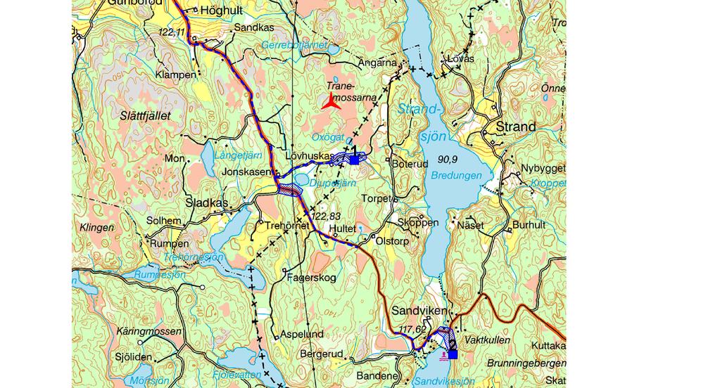 allt flyttande fladdermöss men även de mer stationära arterna kunna registreras. Figur 1. Karta över det inventerade området där det planerade vindkraftverket är markerat med röd propeller.