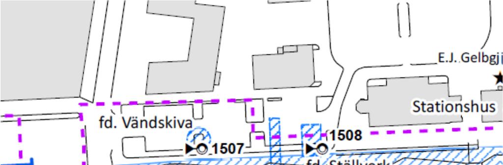 Figur 3. Provtagningsplan med ungefärliga lägen för tidigare verksamheter inom de centrala delarna av stationsområdet i Skara. Delområde 1 har markerats med en rödstreckade linjer.