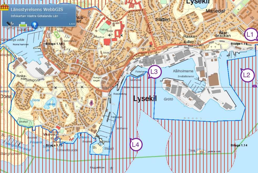 6 ( 7) Exempel i Lysekil med L-nummer Havet utanför Lysekils kajer för handelssjöfart och gästhamnar har markerats med strandskydd. Det är oacceptabelt.
