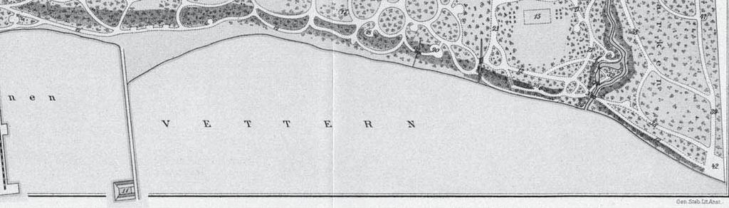 3. Stranden Utsnitt ur 1906 års karta. Strandvägenn löper inte kontinuerligt utmed stranden utan slingrar upp och ned för strandbrinken. Kallbadhuset ses längst ned i bilden.