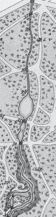 5. Bäcken och bäckravinen Vänster: utsnitt ur 1906 års karta. Notera de sju broarna, varav två leder över till ön Paradiset i bäckens nedre lopp. Höger: Paradiset omkring år 1900.