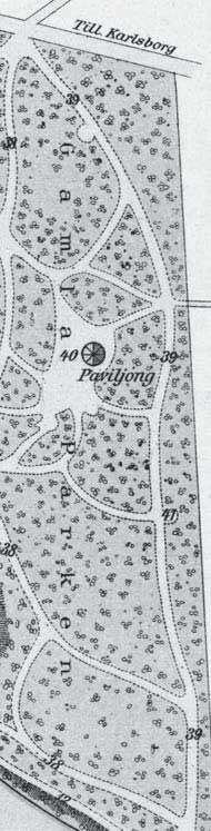 6. Gamla parken norr om bäcken Vänster: utsnitt ur 1906 års karta. Höger: serveringspaviljongen eller schweizeriet Fördärvet med en serveringsdam.