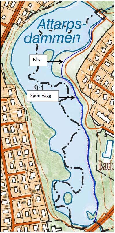Framtiden möjliga lösningar 3. Bygga en cirka 460 meter lång skiljevägg längs den östra sidan av dammspegeln upp till halvön med grillplatsen.