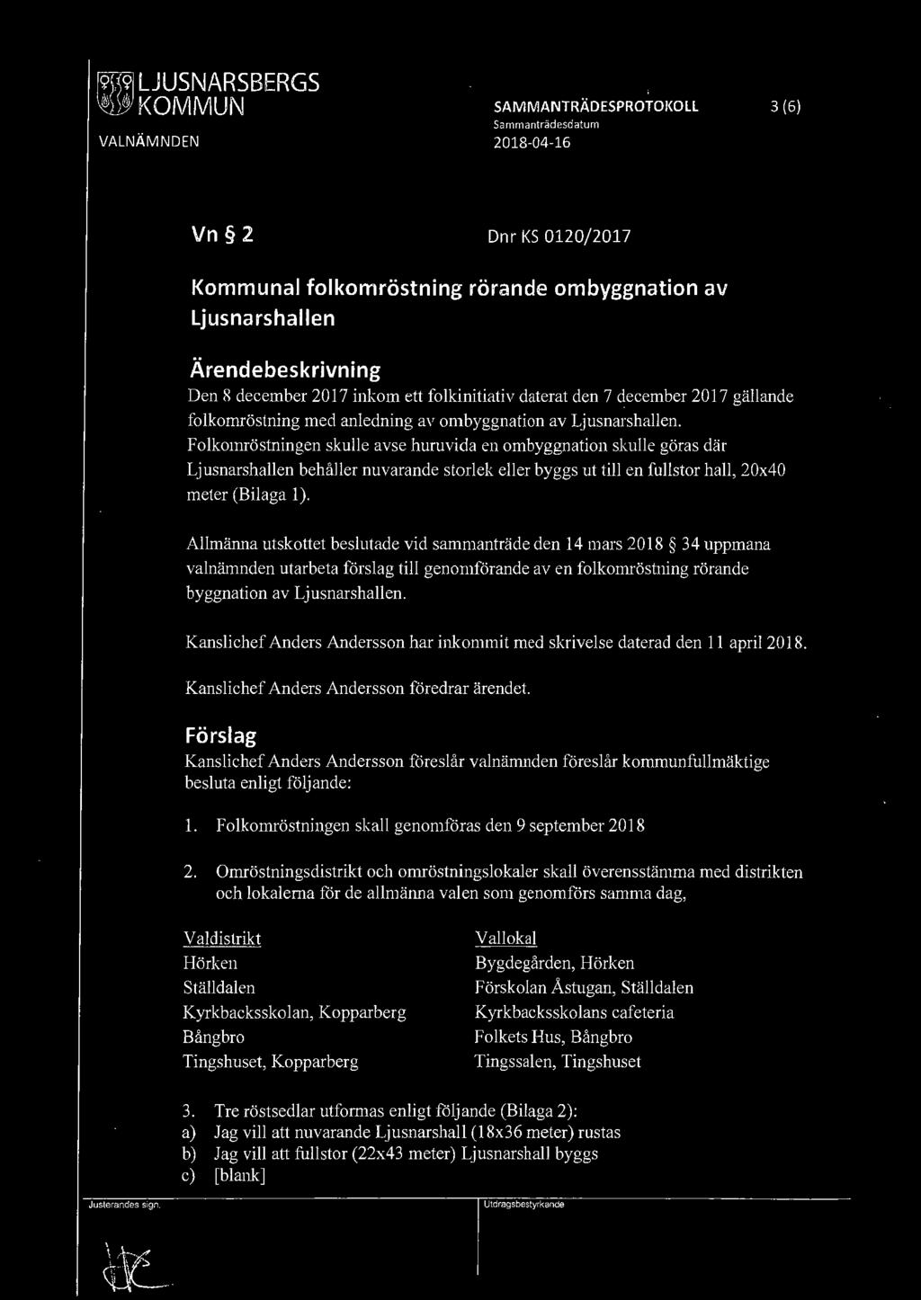 fflljusnarsbergs ~KOMMUN SAMMANTRÄDESPROTOKOLL 3 (6) Sammanträdesdatum VALNÄMNDEN 2018-04-16 Vn 2 Dnr KS 0120/2017 Kommunal folkomröstning rörande ombyggnation av Ljusnarshallen Ärendebeskrivning Den