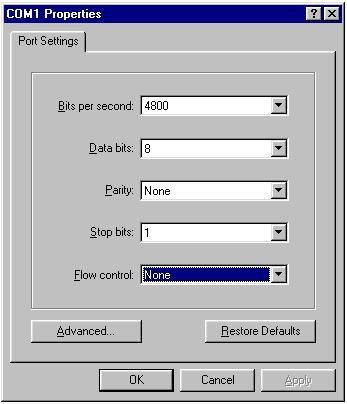6. 7. 8. 9. Fyll i dialogrutan med följande data: Datahastighet = 4800 baud, Data Bits = 8, Paritet = None, Stop Bitar = 1, Flow Control = None.