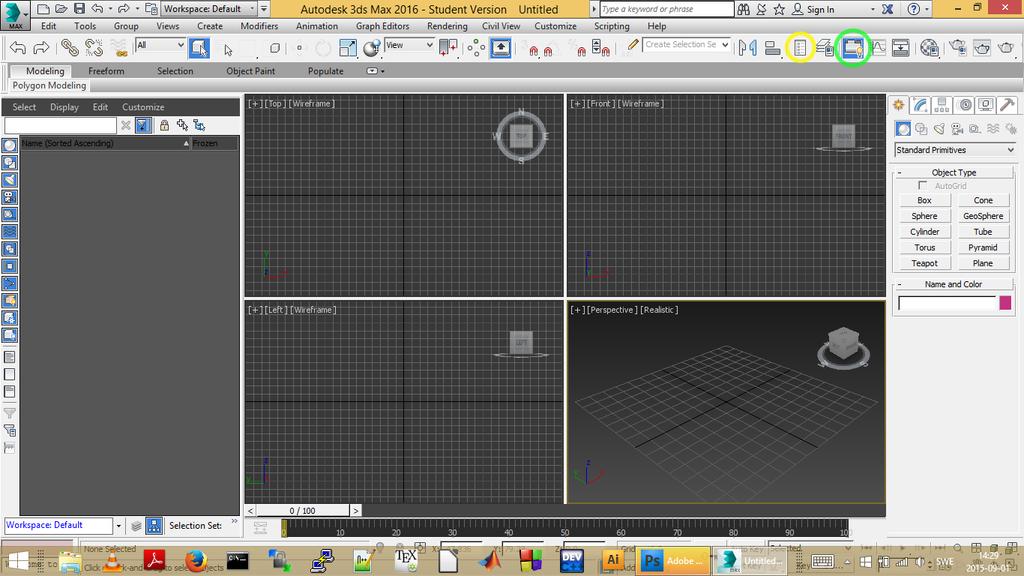 2 Att starta programmet, fönstrets utseende Startar programmet gör man enklast genom att klicka på genvägen på skrivbordet med namnet Autodesk 3dsMax 2016 (English).