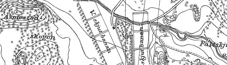 6 Fig 4. Skjutbanorna som de först anlades enl. karta 1922 av E. Lindhé. Kartan är utökad 1935.