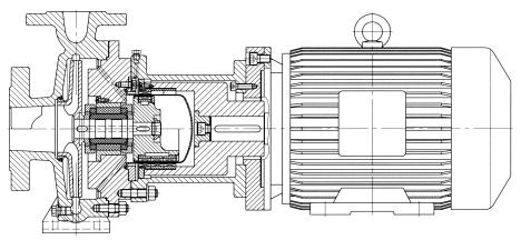Pumpen är uppbyggd enligt ISO 2858. KMV är en s.k "inline"-pump med stående motor vilket ger stor platsbesparing.