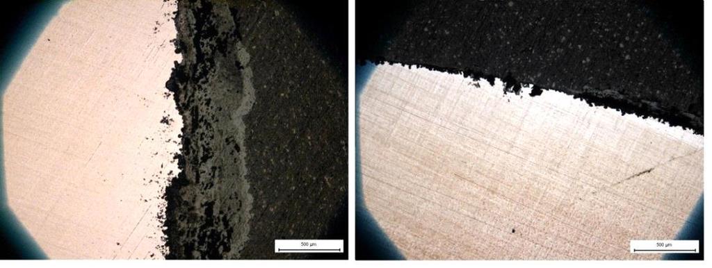 Gropar Saltavlagring Ingjutningspasta Oxid Metall Oxid Ingjutningspasta Gropar Metall Figur 23. Ljusoptisk bild på stålprov (16Mo3) efter exponering med referenssand (Baskarp 35) (GSRef).
