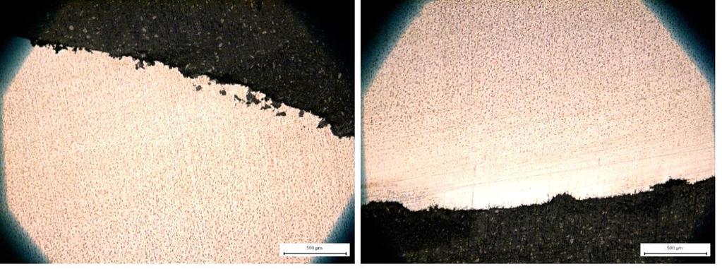Micropraphs of 16Mo3 steel after exposure using reference sand (GSRef). Image positions of the specimen are perpendicular to gas flow (left) and leeward side (right).