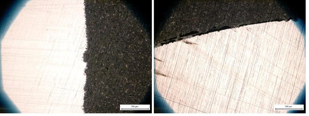 Bilderna visar områden på läsidan (till vänster) och vindsidan (till höger). Det finns ingen synbar ytbeläggning på proven. Skalorna i nedre högra hörnen visar 500 µm. Figure 24.