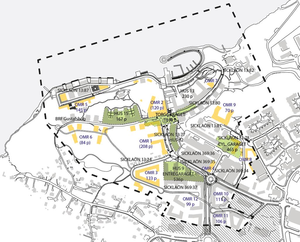 Figur 3: Översikt över antalet parkerings i parkeringsgarage i Nacka Strand (siffror inom parentes motsvarar antal utifrån avtalat andelstal).