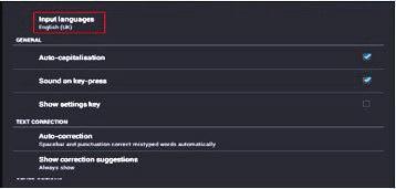 2. Välj undermenyn Language and input, peka därefter på Default 3. Peka på Set input methods. Följande alternativ visas: 4. Peka på symbolen. Följande alternativ visas: 5. Välj Input language 6.