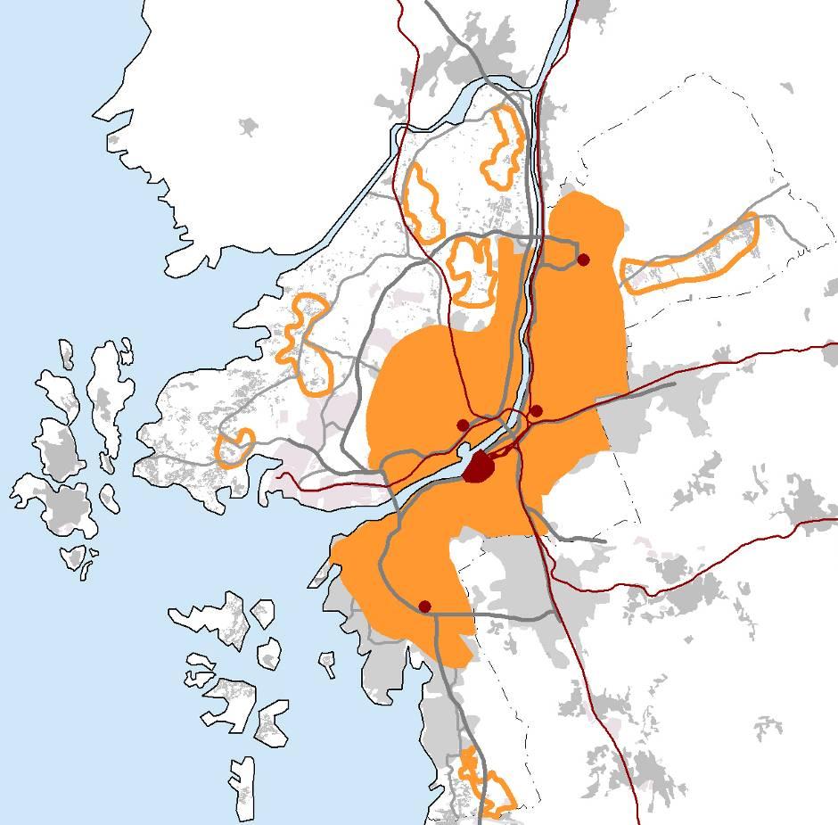 Utbyggnadsordning Komplettering i kombination med byggande i strategiska knutpunkter Utbyggnadsområden i