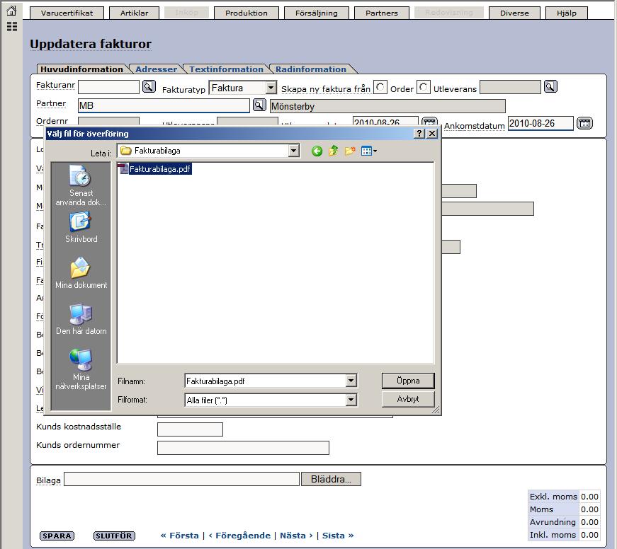 Senast Uppdaterad: 11-03-28 Exder Sigtuna Svefaktura Sida 16 av 21 Klicka helt enkelt på knappen Bläddra. Leta sedan fram filen ni vill bifoga med fakturan, markera den och klicka på Öppna.