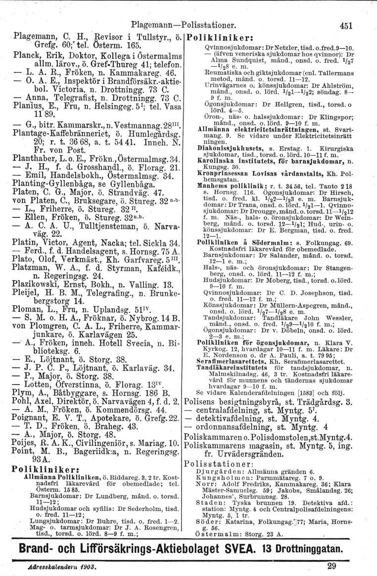 Plagemann-Polisstationer. 451. Plagetnatm, C. H., Revisor i Tullstyr., ö. Po li k li n i k e r:. Grefg. 60;' tel. Österm. 165. Qvinnosjukdomar: Dr Netzler, tisd. 0.fred.9-10.