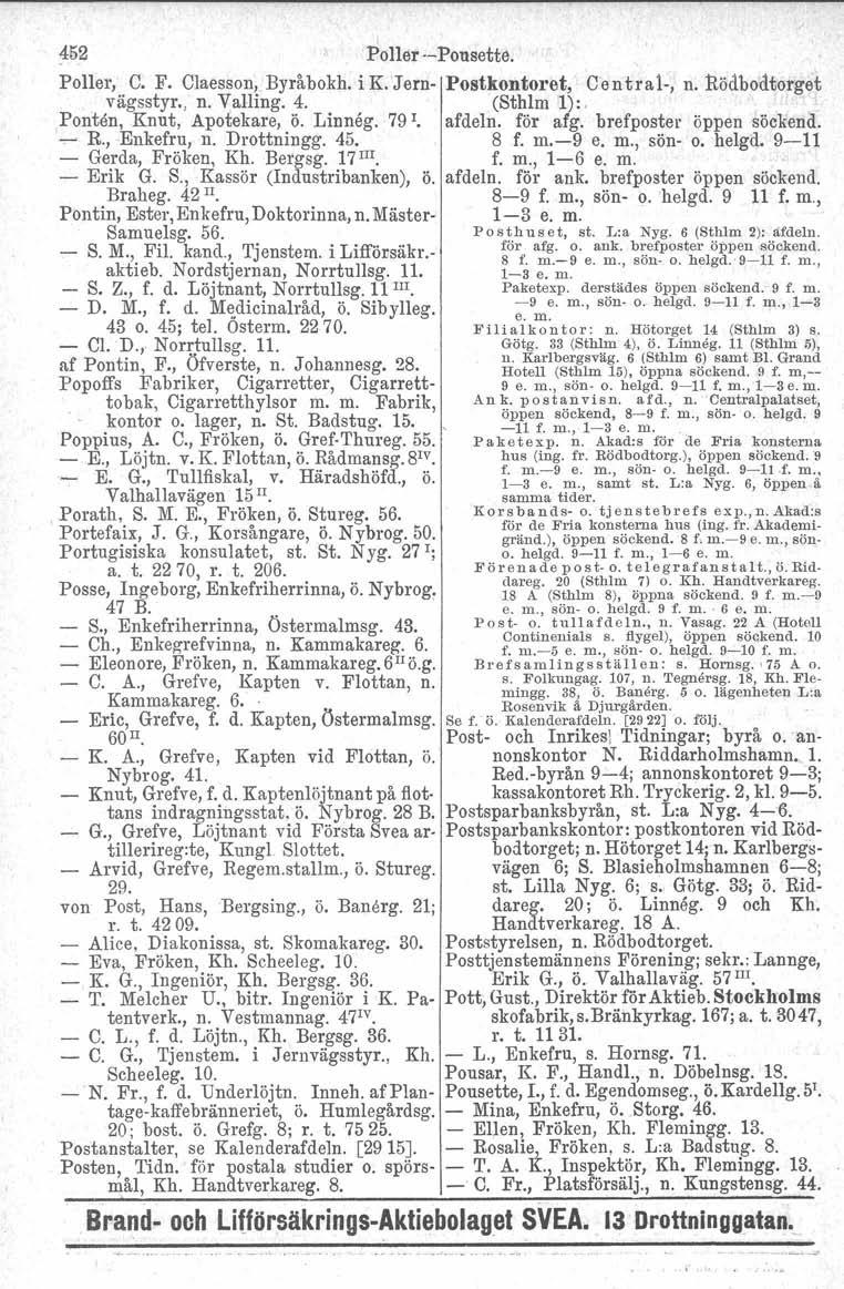 \ 452 Poller -Pousette. Poller, C. F. Claesson, Byråbokh. i K. J ern- Postkontoret, Ce n tral-, n. Rödbodtorget v ägsstyr., n. Valling. 4. (Sthlm 1):. Ponton, Knut, Apotekare,. ö. Linneg. 79 I.