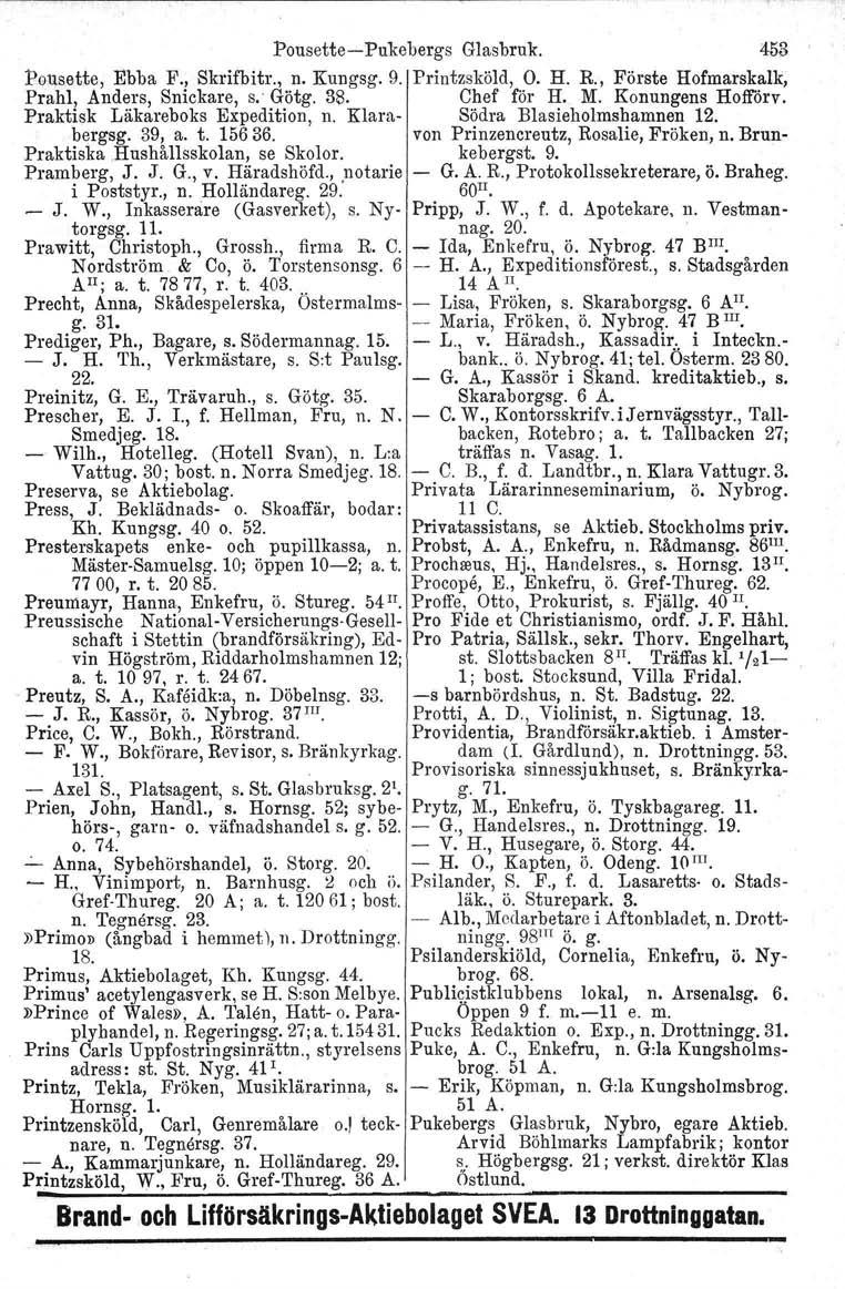 Pousette-Pukebergs Glasbruk. 453 Pousette, Ebba F., Skrifbitr., n. Kungsg. 9. Printzsköld, O. H. R., Förste Hofmarskalk, Prahl, Anders, Snickare, s.' Götg. 38. Chef för H. M. Konungens Hofförv.