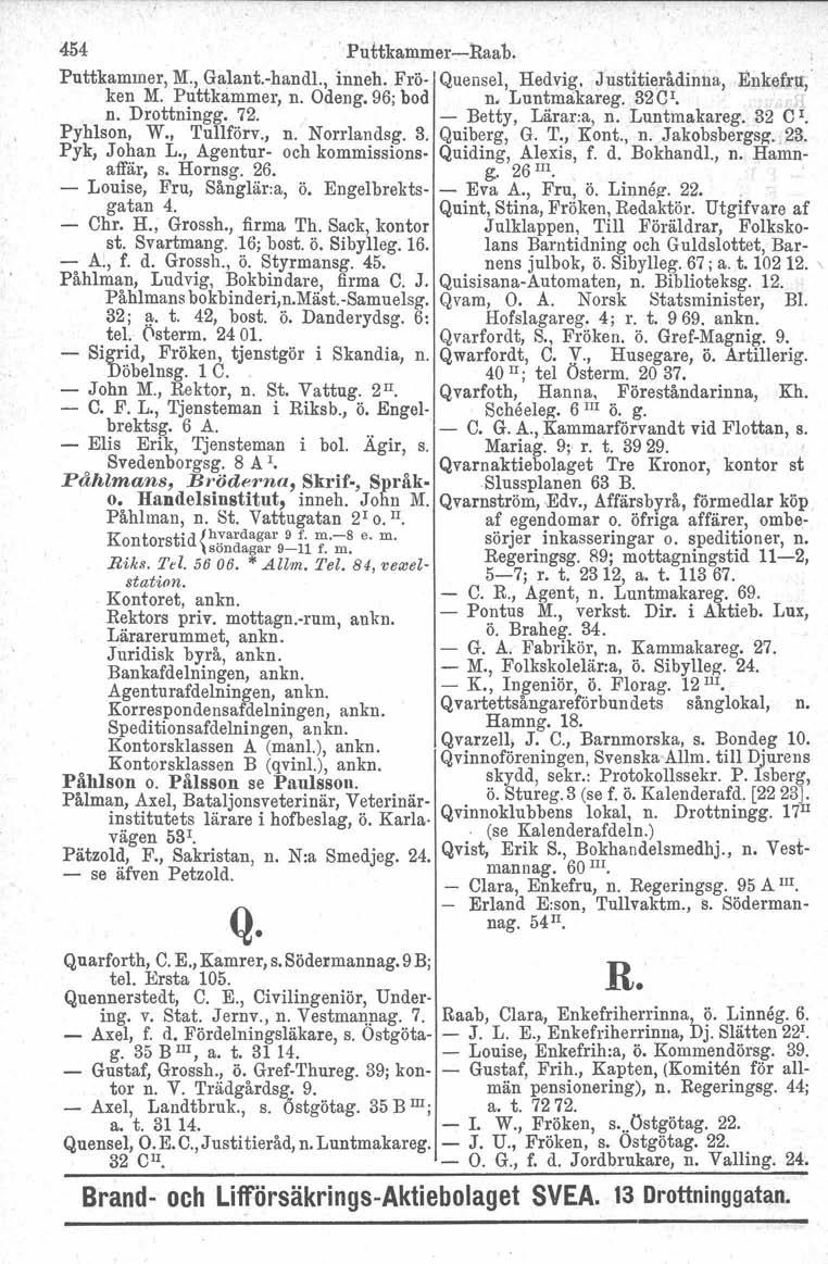 454 Puttkammer-i-Raab. Puttkammer. M., Galaut-handl.cinneh. Frö- Quensel, Hedvig. Justitierådirma l1:nkefru;' ken M. Puttkammer, n. Odeng, 96; bod n, Luntmakareg. 32CI.. n. Drottningg. 72.