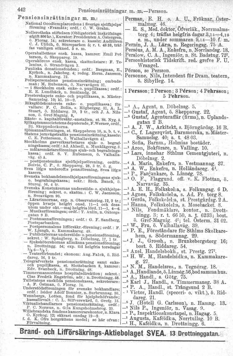 442 Pensionsinrättningar m. m.-persson. Pensionsinrättningar m. m.: Perman E. H. o. A. p"frökn~li,.öster- NationalGoodtemplarordensi Sverigesjelfhjelps malmsg. 46. förening 'Framät»; ordr.: C. W.