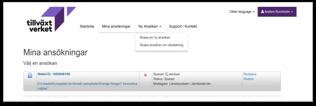 Min ansökan Skapa en ny ansökan Klicka