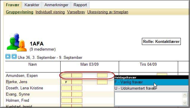 Här visas att det ännu inte är fört någon frånvaro på Espen mandag 03.09.