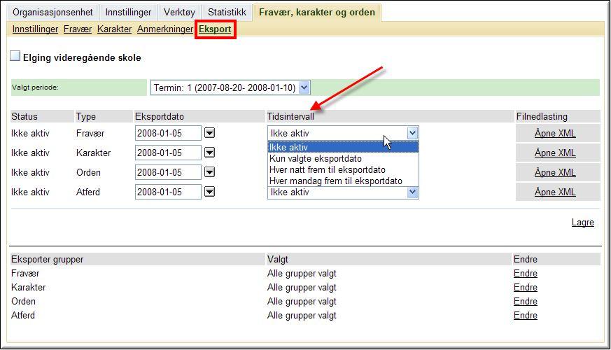 Export Under menyvalet Export hanteras överföring av omdöme och frånvaro från Fronter till det administrativa systemet: Tidsintervallet för exporten väljs från rullgardinsmenyn efter det att termin