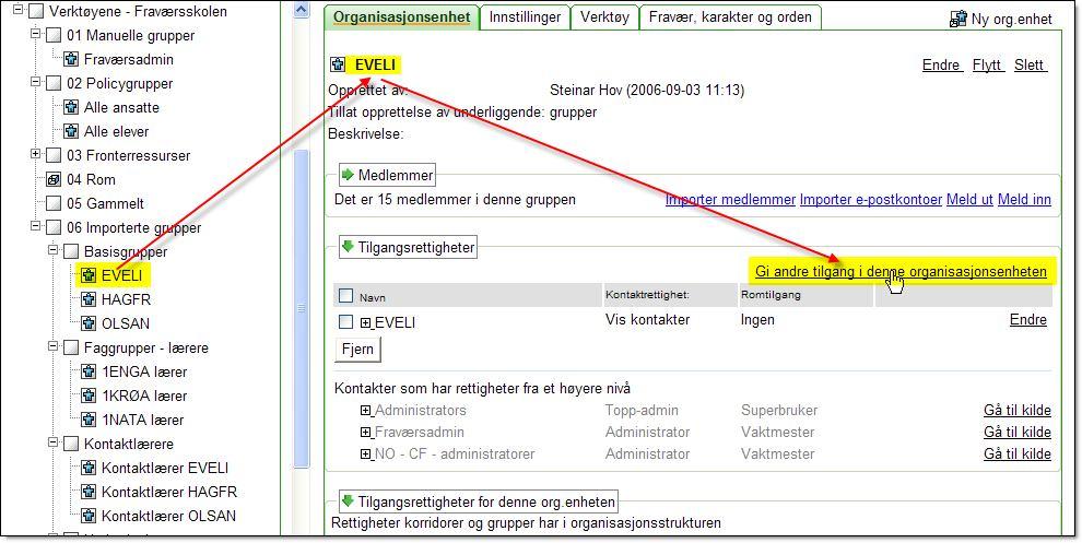 Därefter måste man hitta gruppen som innehåller kontaktläraren/na för den markerade klassen: Här ser man att det är Kontaktläraren EVELI som ges en speciell tillgångsrättighet, nämligen Kontaktlärare.