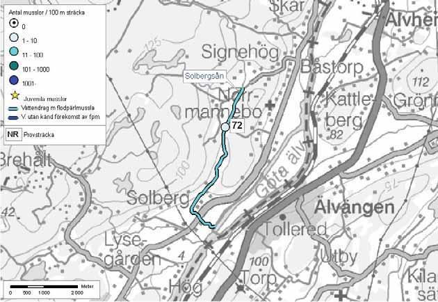108: Göta Älv Solbergsån Solbergsån Kungälvs kommun Delavrinningsområde: Solbergsån Aroid: 643321-127987 Karta över Solbergsån, där flodpärlmusslor konstaterades 2004.