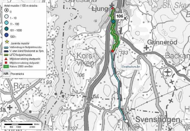 108/109: Bratteforsån Bratteforsån Avrinningsområde 108/109 Bratteforsån Bratteforsån Uddevalla kommun Delavrinningsområde: Bratteforsån Aroid: 645716-127121 Karta över Bratteforsån, där musslor