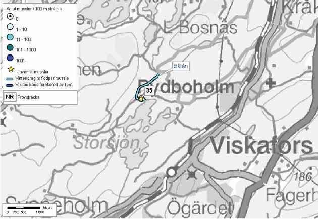 105: Viskan Bålån Bålån Borås kommun Delavrinningsområde: Lillån Aroid: 639406-132195 Karta över Bålån. Flodpärlmusslor konstaterades 2004.