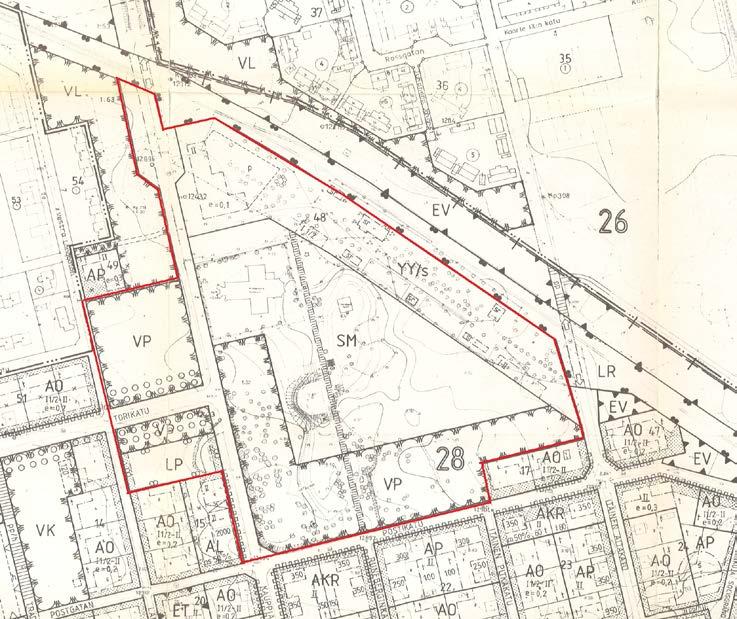 Utdrag ur detaljplan 731. Planeringsområdet avgränsat med rött.