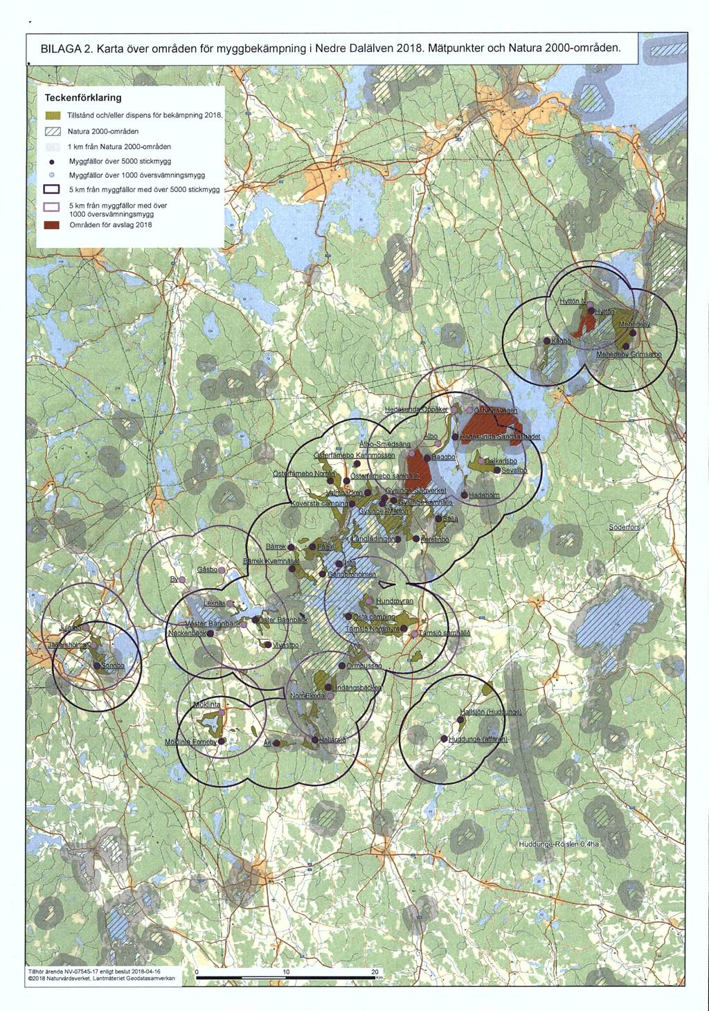 BILAGA 2. Karta över områden för myggbekämpning i Nedre Dalälven 2018. Mätpunkter och Natura 2000-områden. --K Teckenförklaring H Tillstånd och/eller dispens för bekämpning 2018.