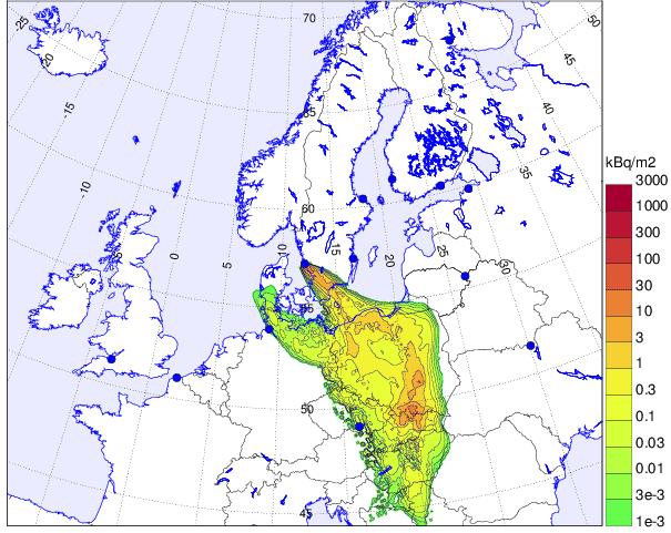 Figur 1. Exempel på resultat från en atmosfärisk spridningsberäkning.