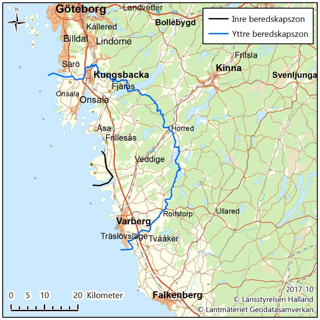 Figur 6. Förslag på inre och yttre beredskapszon kring kärnkraftverket i Ringhals. 4.4.2.