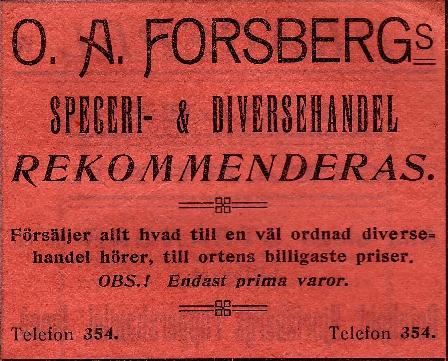 21 Forsbergs Speceri & Diversehandel, O. A. Tel.