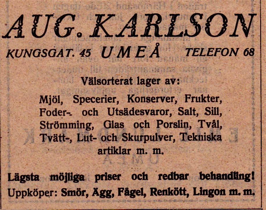 68 1926 Konsum, Umeortens Spec. Kungsgatan 67 Tel. 1503 1948 - - Chark. Kungsgatan 67 Tel. 1871 - - - - Spec.