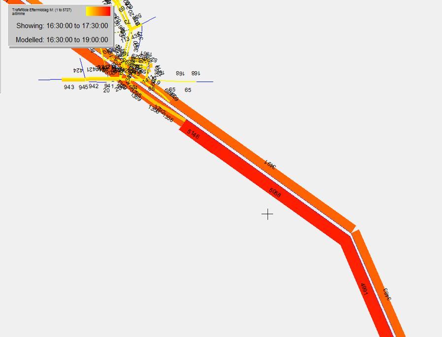 Figur 9. Trafikflöde (16:30-17:30) under maxtimme i huvudtunneln söder om Lindarängsvägen 2.5.
