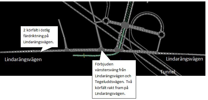 Trafikflödet från Östermalm färdandes på Lindarängsvägen är cirka 940 under eftermiddagens maxtimme. Antalet trafikanter som sedan tar sig ner via avfartsrampen till huvudtunneln är cirka 1357 fordon.