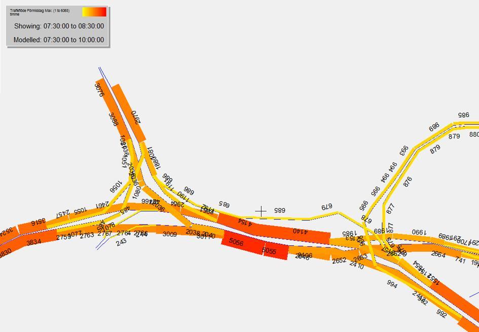 Förmiddag Figur 17 nedan visar trafikflödet under maxtimmen (07:30-08:30) över Norra Länken s koppling till Östlig förbindelse.
