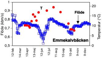 Figur 1. Vattenföring och temperatur i Emmekalvbäcken under 2004. Mätningarna utfördes vid en mätstation uppströms station A1.