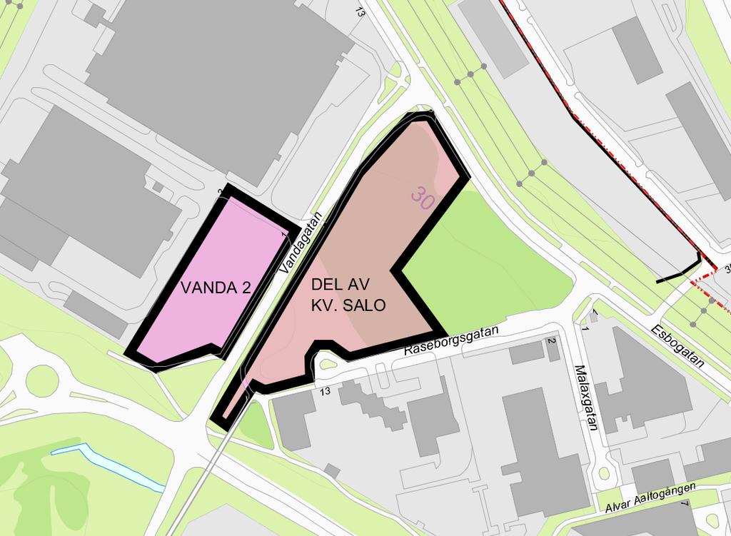 Sida 5 (7) Bild 2. Markanvisningsförfrågan inom fastigheten Vanda 2 är markerad till vänster i bild och del av kvarteret Salo till höger i bild.