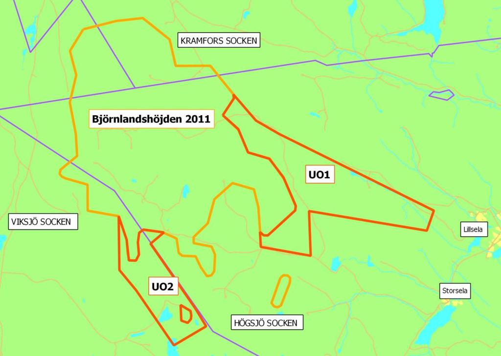 Figur 3. Utdrag ur fastighetskartan med 2011 års utredningsområde samt 2012 (UO 1 och UO 2) års utredningsområden markerade.
