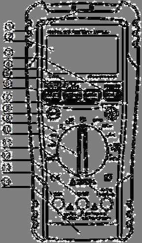 1) Indikatorlampa för kontaktfri spänningsdetektion 2) Display (Flytande kristaller) 3) Data hold (HOLD) 4) Maximala mätvärdet (MAX) 5) Manuell inställning av skala (RANGE) 6) Funktionsknapp (FUNC)