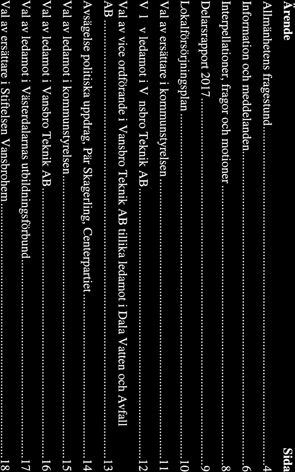 ..,... Vansbro Protokoll 20171113 Innehåll Arende Allmänhetens frågestund 4 Information och meddelanden 6 Interpellationer, frågor och motioner 8 Delårsrapport 2017 9 Lokalförsörjningsplan 10 Val av