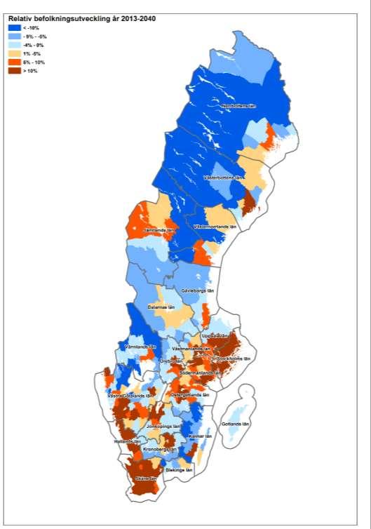 Figur 3: Befolkningsförändring på kommunnivå 2013 2040, relativ förändring.